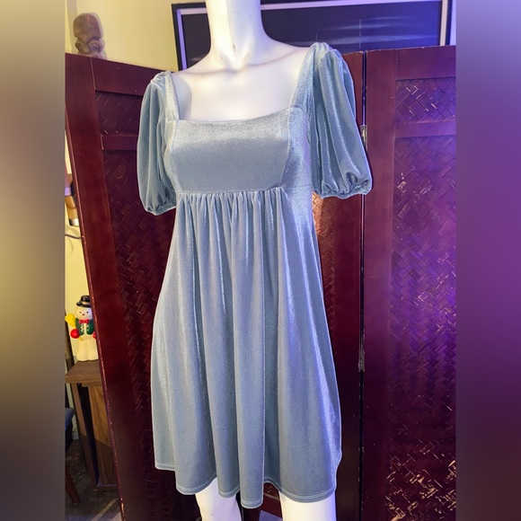 Coquette charming periwinkle velvet puff sleeve babydoll dress garden ballerina - Picture 5 of 8